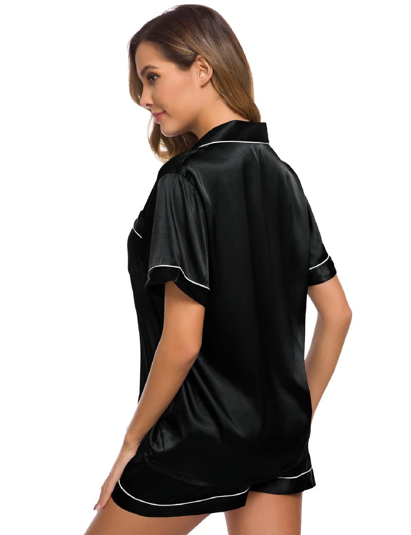 SWOMOG Womens Silk Satin Pajamas Set Two-piece Pj Sets Sleepwear Loungewear Button-Down Pj Sets Black - Image 5